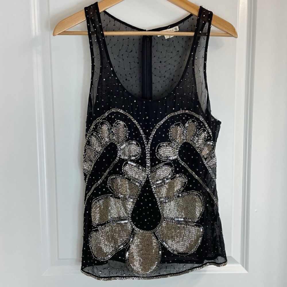 Renzo and Kai Black Sheer Tank with Silver Sequin Floral Design